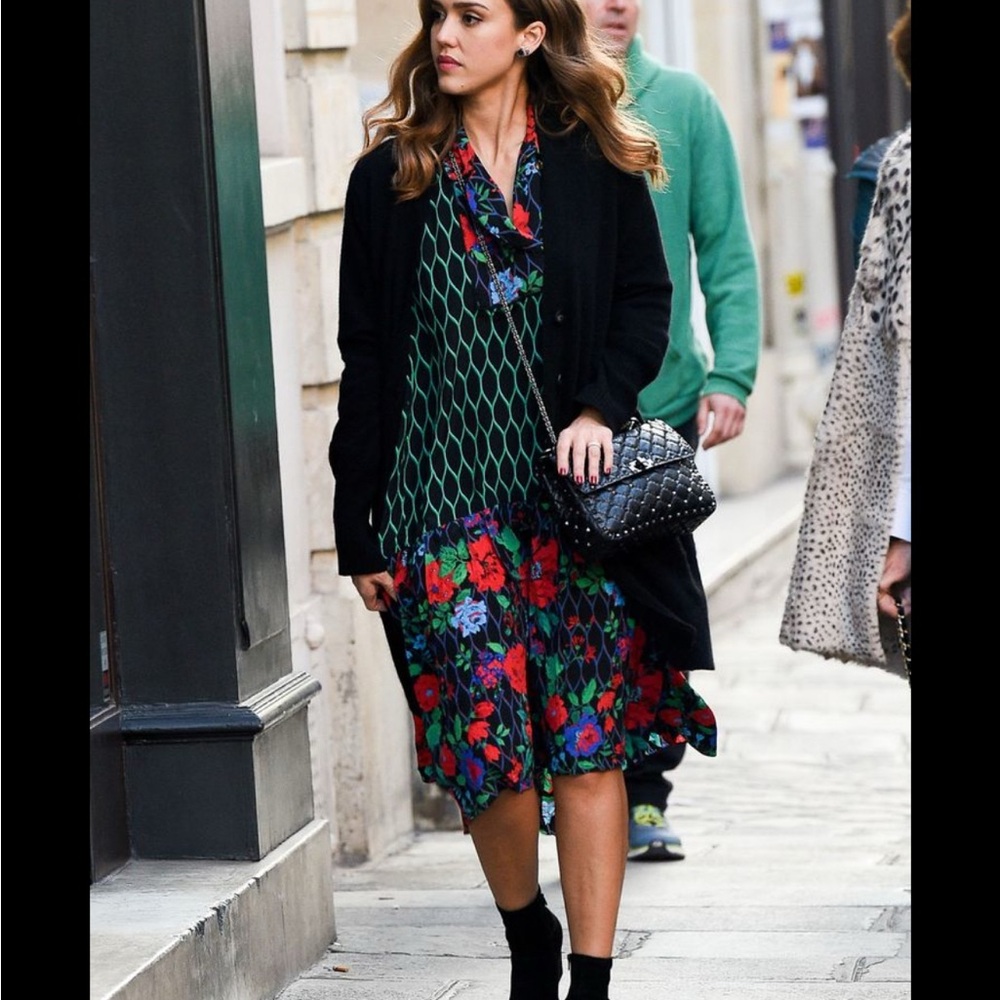 Kenzo Black Midi Dress with Green Lattice and Red Floral Print